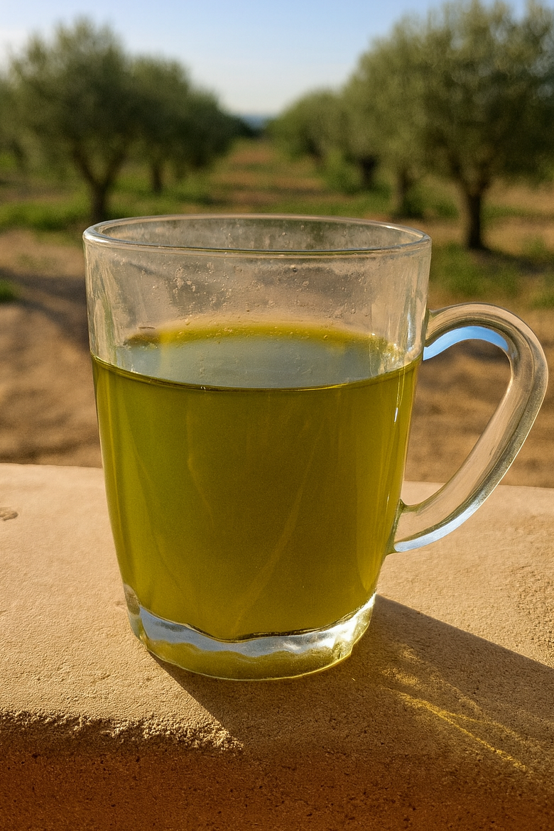 Glass mug with green liquid on a stone ledge with an olive grove in the background زيت زيتون ابن حجاج